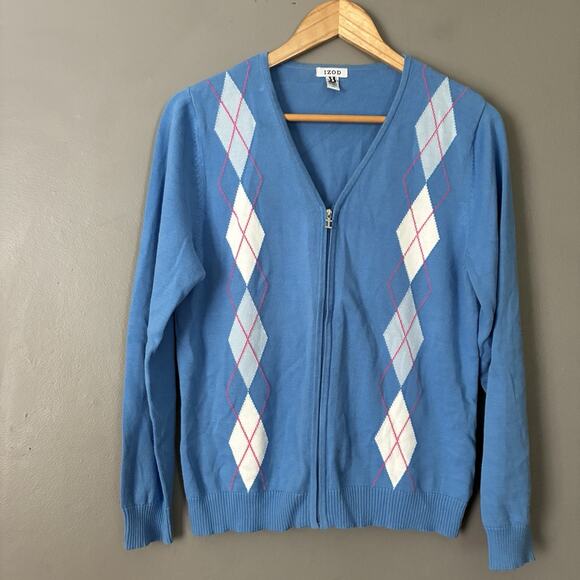 VINTAGE Y2K Pastel Argyle Cardigan Sweater Blue Pink Tennis Preppy Coastal Sz L - Picture 4 of 11